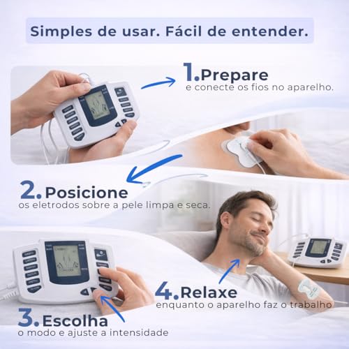 Aparelho Eletroestimulador Muscular TENS EMS Portátil com Eletrodos Premium 8 Modos e 10 Intensidades, Alívio Muscular, Alívio de Dores, Uso Doméstico, Fisioterapia Corporal em Casa