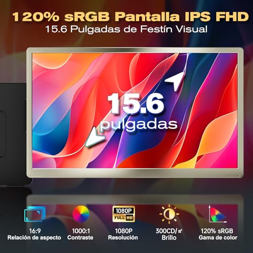 Teamgee 15.6" Extensor de Pantalla para Laptop, Monitor Portátil para Laptops 13-17” Mac/Windows, 120% sRGB FHD, Soporte Metálico, Rotación 235°, Ideal para Trabajo Híbrido
