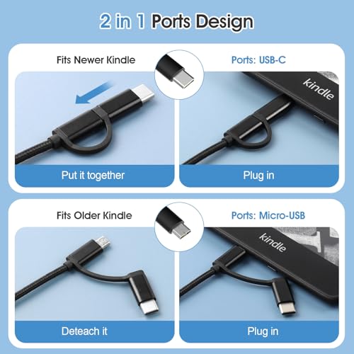 Braided Cable for Old and New Kindle,Kindle Paperwhite, Kindle Fire,Amazon Fire Tablet, 6.6Ft USB to Micro-USB and USB-C 2IN1 Cord