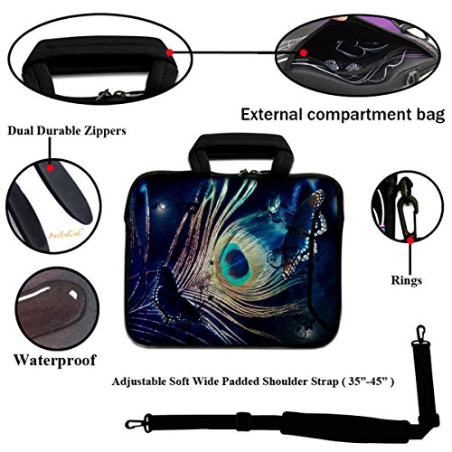 Goldwheat 17 17.3 inch Neoprene Laptop Sleeve Bag Carrying Case Briefcase with Handle ,Side Pocket & Adjustable Shoulder Strap-Peacock Feathers