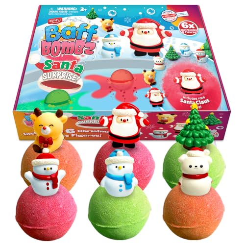 ZIMPLI 6 Stück 100g große Überraschung Badebomben mit Weihnachtsmann 6 x Überraschungsspielzeug im Inneren, Geschenk zum Befüllen von Strümpfen, Jungen und Mädchen