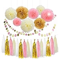 Lansian 30PCS Tissue Paper Pom Pom Flowers Pink White Gold Tassel Garland Banner for Wedding Bridal Birthday Graduation Baby Shower Decorations Party Supplies