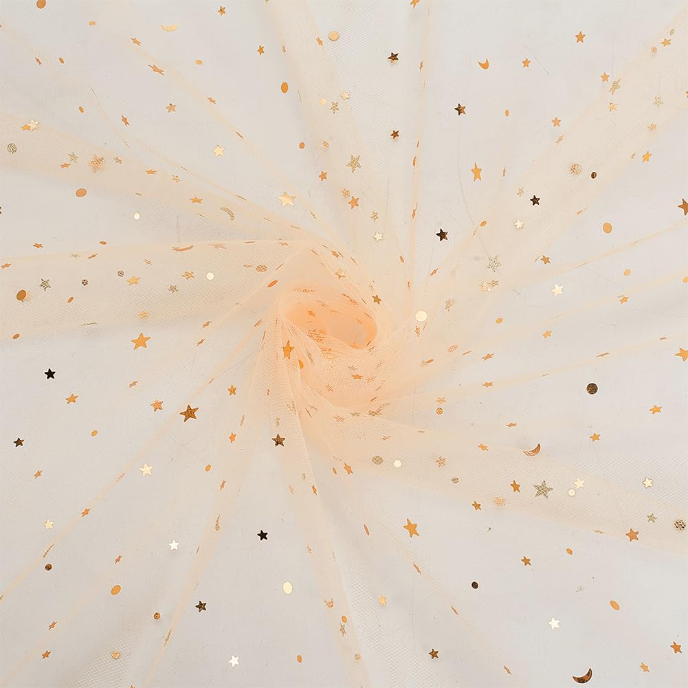 AHANDMAKER 59" x 5 Yards Champagne Glitter Tulle, Navajo White Star Moon Sequin Netting, Embroidered Mesh for DIY Sewing Crafts Wedding Dress Tutu Skirt