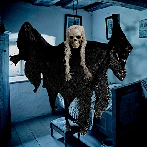 Saitingdianzi Hanging Grim Reaper, Skeleton Ghost in Horror Robe, Halloween Hanging Decorations, Hanging Ghost House Decor (Black)