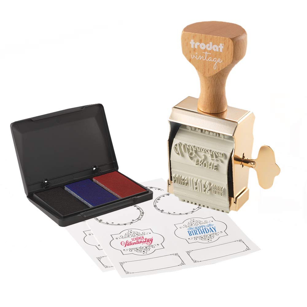 Trodat 158077 Vintage Stamp Special Occasions with 6 German Texts and Ink Pad with 3 Colours