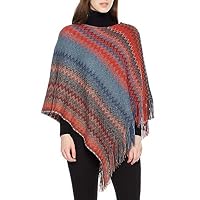 Spicy Sandia Ponchos for Women Fringe Zig Zag Knit Poncho Sleeveless Pullover Soft Wrap, Red/Blue