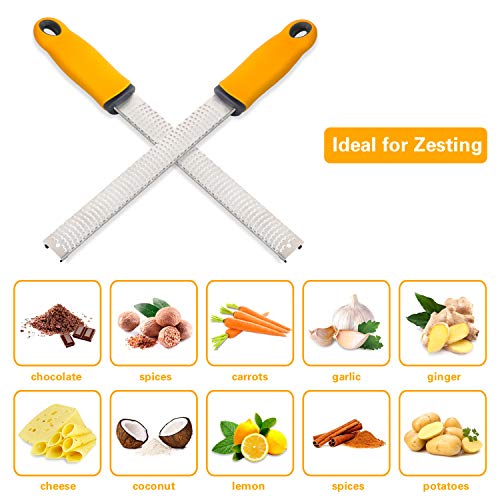 Professional Lemon Zester, Stainless Steel Cheese Grater for Chocolate, Ginger, Garlic, Nutmeg, Potato, Vegetables, Fruits - Protect Cover & Brush Included – Dishwasher Safe (Yellow) - Thumbnail 2