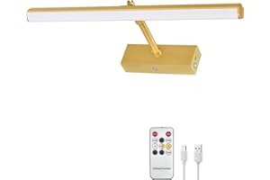HAMVIDNE Picture Light, Battery Operated Picture Lights for Paintings with Remote, 15.7" Light Arm Stretchable Rechargeable Picture Light, Display Lights for Dartboard Artwork Portrait-Gold