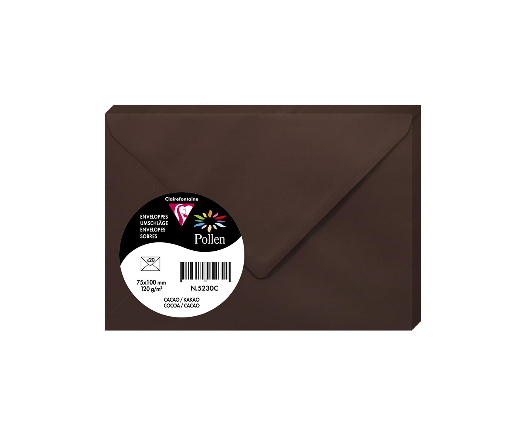 Clairefontaine 5230C Pack of 20 Gummed Envelopes Format 7,5x10cm 120g/m² Cocoa Colour Invitation Events Correspondence - Pollen Range - Premium Smooth Paper