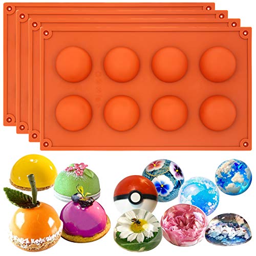 FUNSHOWCASE 8 Cavity Semi Sphere Half Round Dome Silicone Mold Chocolate Teacake Baking Tray Medium 4-Bundle 2inch Cavities