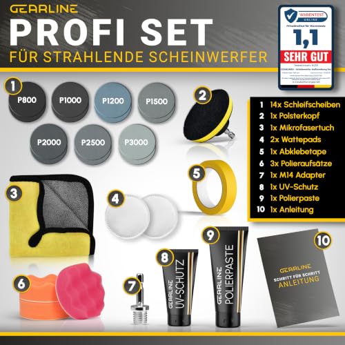 GEARLINE Headlight Treatment Set [24 Pieces] - Polishing Set for Matte and Blind Headlights - Includes UV Protection, Polishing Paste, Adapter and 14 Sanding Discs - Car Polishing Set for Preparation