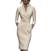BAVATIMO Women’s Elegant Office Midi Dress Sexy Wrap Deep V Neck Long Sleeve Zipper Dressy Business Work Belted Dresses