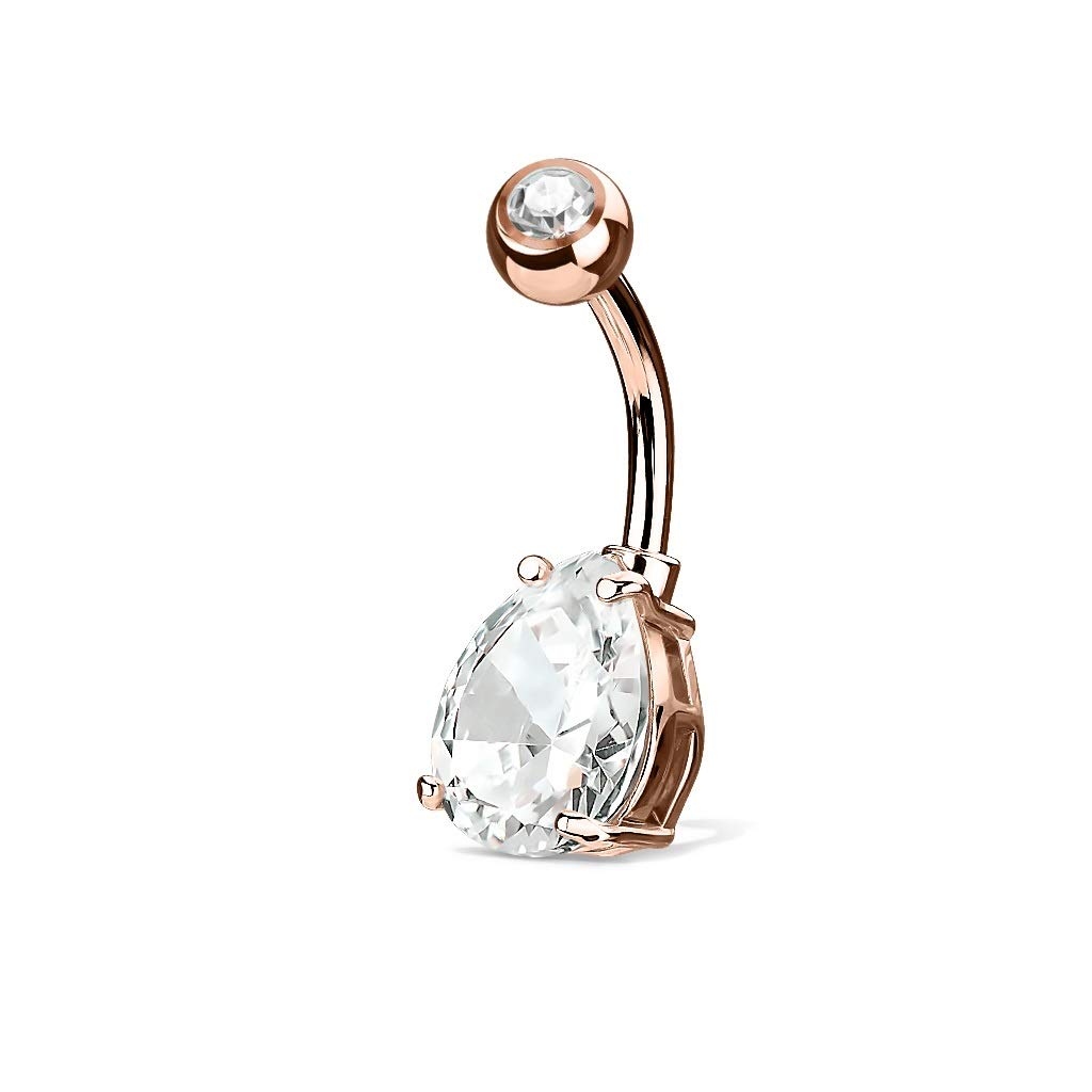 PiercedOff 316L Surgical Steel Rose Gold Tone Belly Bar with Clear Double Gemmed 7mm Solitaire Teardrop - Thickness 14GA (1.6mm) Length 10mm / Top Ball is 5mm and 7mm Tear Drop