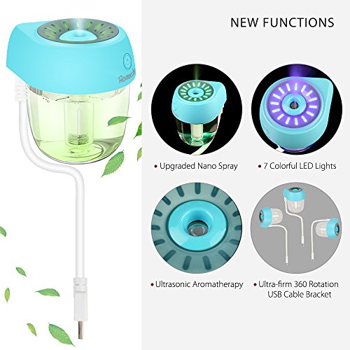 USB Car Diffuser, Homecube Ultrasonic Cool Mist Humidifier Car Air Freshener with 360°Rotation Micro Cable and 7 Color LED Lights for Office Home Vehicle Travel (blue)