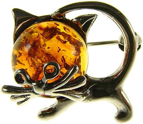 Baltic Amber and Sterling Silver 925 Cognac cat Kitten Animal Brooch pin Jewellery Jewelry