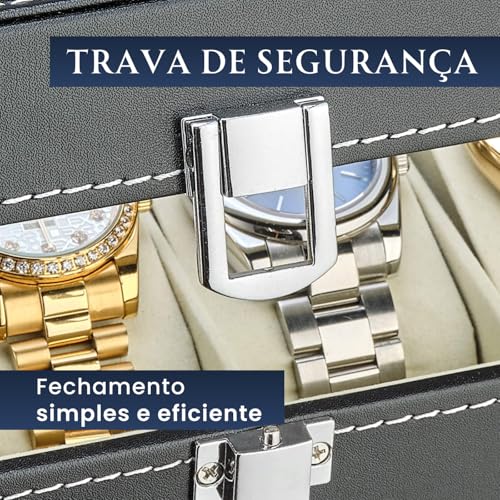 Porta-Relógios Luxo em Couro Sintético, 12 Compartimentos, com Visor Acrílico Transparente, Almofadas Removíveis, 30x20x7 cm