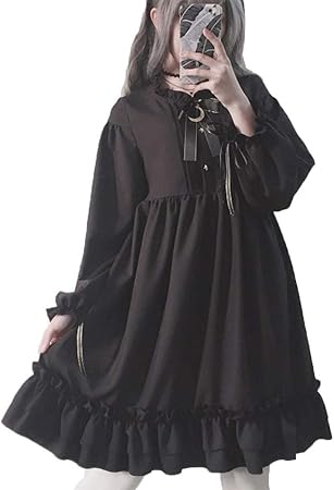 Amazon Jinpin ワンピース ロリータ Lolita ロリータ服 衣装 洋服 レディース ゴスロリ プリンセス お嬢様 ドレス 森ガール ゴシック フリル Aライン 膝丈 チュニック レース プリーツ リボン コスプレ 可愛い パーディー ブラック M コスプレ 仮装 通販