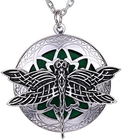 Antique Silver 3D Dragonfly Aromatherapy Essential Oil Diffuser Necklace Locket Pendant Necklace with Gift Pouch