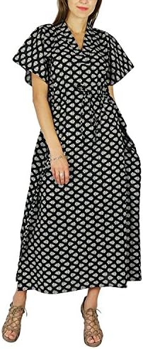 Hihihappy Trendy Caftan Bohemian Long Maxi Nightwear Printed Dress Cotton Kaftan Black and Off White20 Plus
