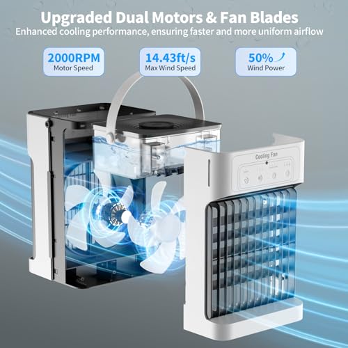 Portable Air Conditioners, Upgraded Motor Evaporative Air Cooler with Remote, 3 Speeds & 3 Mist, 7 Color Night Light Cooling Fan with 2-8H Timer, 1100ML Personal AC Unit for Bedroom Office