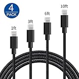 Lightning Cable, IVVO 4 Pack 1FT 3FT 6FT 10FT Durable Nylon Braided Cord Lightning to USB Cable Charger for iPhone 7/7 Plus/6/6s/6Plus/6s Plus/5/5c/5s/SE,iPad iPod Nano iPod Touch(Black)