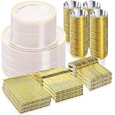 BESTVIP 600PCS Clear Gold Dinnerware Set for 100 Guests, Plastic Plates for Party, Christmas and New Year, 100 Disposable Plates, 100 Dessert Plates, 100 Cups, 100 Spoons, 100 Forks and 100 Knives