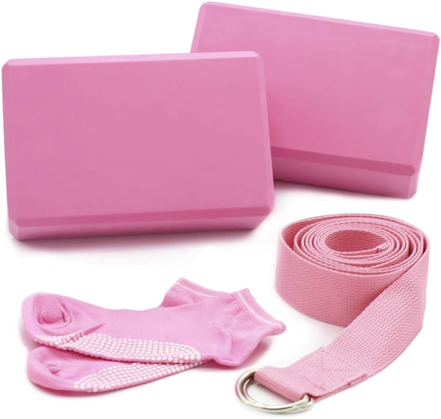 NAGU 4Pcs Premium Yoga Blocks Metal D Ring Yoga Strap & Yoga Socks Set,High Density EVA Soft Non-Slip,Lightweight Foam Blocks,Ideal for Pilates,Meditation,Workout,Fitness&Gym