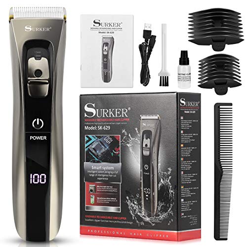 Aiemok Cortapelos Profesional, Ultra silenciosa Recortadora de Barba y Pelo, Recargable Máquina Cortar Pelo Cuchilla Titanio Cortapelos Hombre con 4 Ajustes de Longitud, Pantalla LCD, Traje Familiar