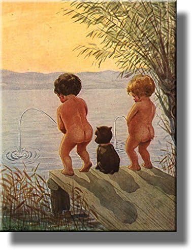 Boys By the Lake Distance Record Toilet Bathroom Picture Made on Stretched Canvas, Wall Art Decor Ready to Hang. (14" x 18")