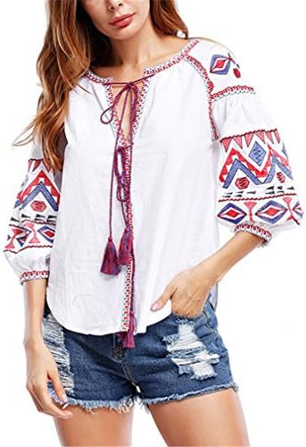 Hangyin Autumn Ladies Vintage Boho Top Women Lace up V Neck Print Puff Sleeve Women Blouses Casual Half Sleeve Blouse