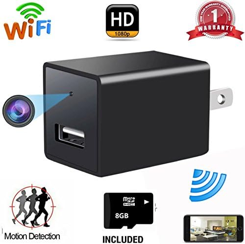 Wifi Hidden Spy Camera , USB Wall Charger Adapter Cam-1080P HD Nanny Camera-Motion Detection-Remote Live Video Viewing-For Home Security (8GB SD Card Included)