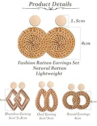 SOOWOOT Pendientes colgantes de ratán para mujeres y niñas, estilo bohemio trenzado, hechos a mano, geométricos, ligeros, pendientes de gota