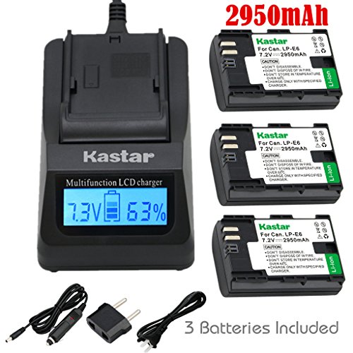 Kastar Fast Charger and Battery 3x for Canon LP-E6 LP-E6N, EOS 60D 60Da EOS 70D XC10, EOS 5D Mark II 5D Mark III 5D Mark IV, EOS 5DS 5DS R, EOS 6D 7D Mark II, BG-E14 BG-E13 BG-E11 BG-E9 BG-E7 BG-E6