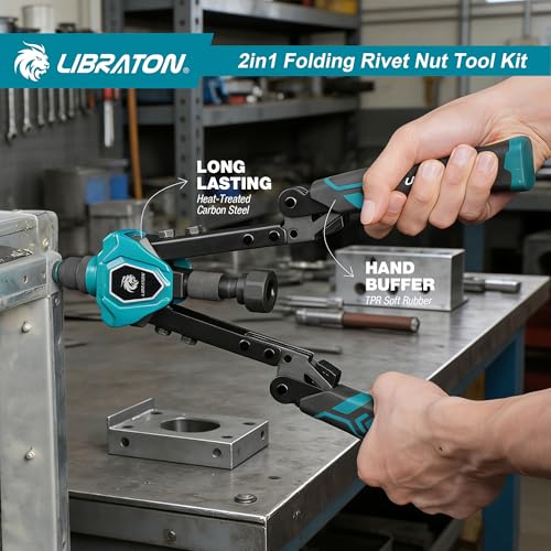 LIBRATON 2 in 1 Folding Threaded Insert Rivet Pliers, 7 Mandrels (M3-M12) & 5 Bits (2.4-6.4mm), Includes 70 Crimp Nuts and 200 Pop Rivets, Powerful Manual Tool for Auto and DIY