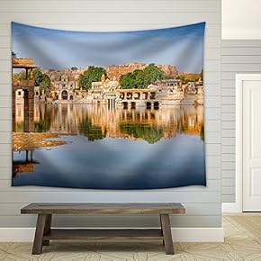 Gadi Sagar (Gadisar) Lake is One of The Most Important Tourist Attractions in Jaisalmer, Rajasthan, North India - Fabric Wall Tapestry Home Decor - 51x60 inches