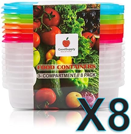 [8 Pack] Bento Lunch Boxes , 3 Compartments Food Storage Containers set with lids , BPA Free , Microwave , Dishwasher , and Freezer Safe + [FREE BONUS CUTLERY and E-BOOK