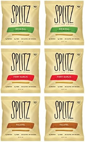 Splitz Crunchy Split Pea Crisp Snacks - Variety Pack of Original, Falafel and Fiery Garlic 1.5oz (6 Pack)