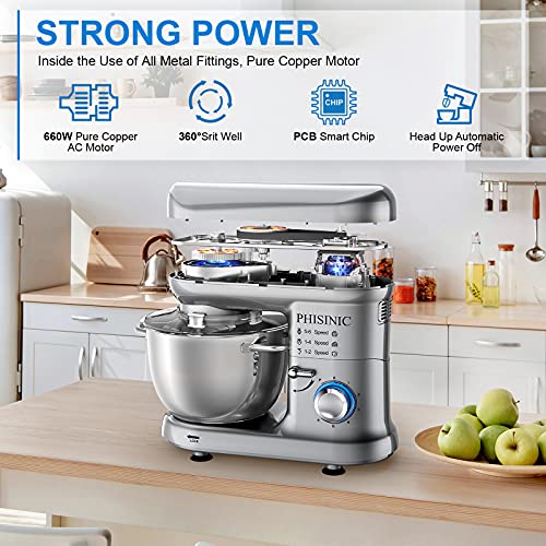 PHISINIC Stand Mixer, 5.8-QT 660W Electric Kitchen Mixer, 6-Speed Tilt-Head Household Stand Mixer, Kitchen Food Mixer with Dough Hook, Wire Whip and Beater, for Baking, Cake, Cookie, Kneading (Silver)