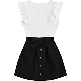 SHENHE 2pcs Girl's Skirt Outfits Ruffled Ribbed Cap Sleeve T Shirt and Button Down Tie Front Skirt Set
