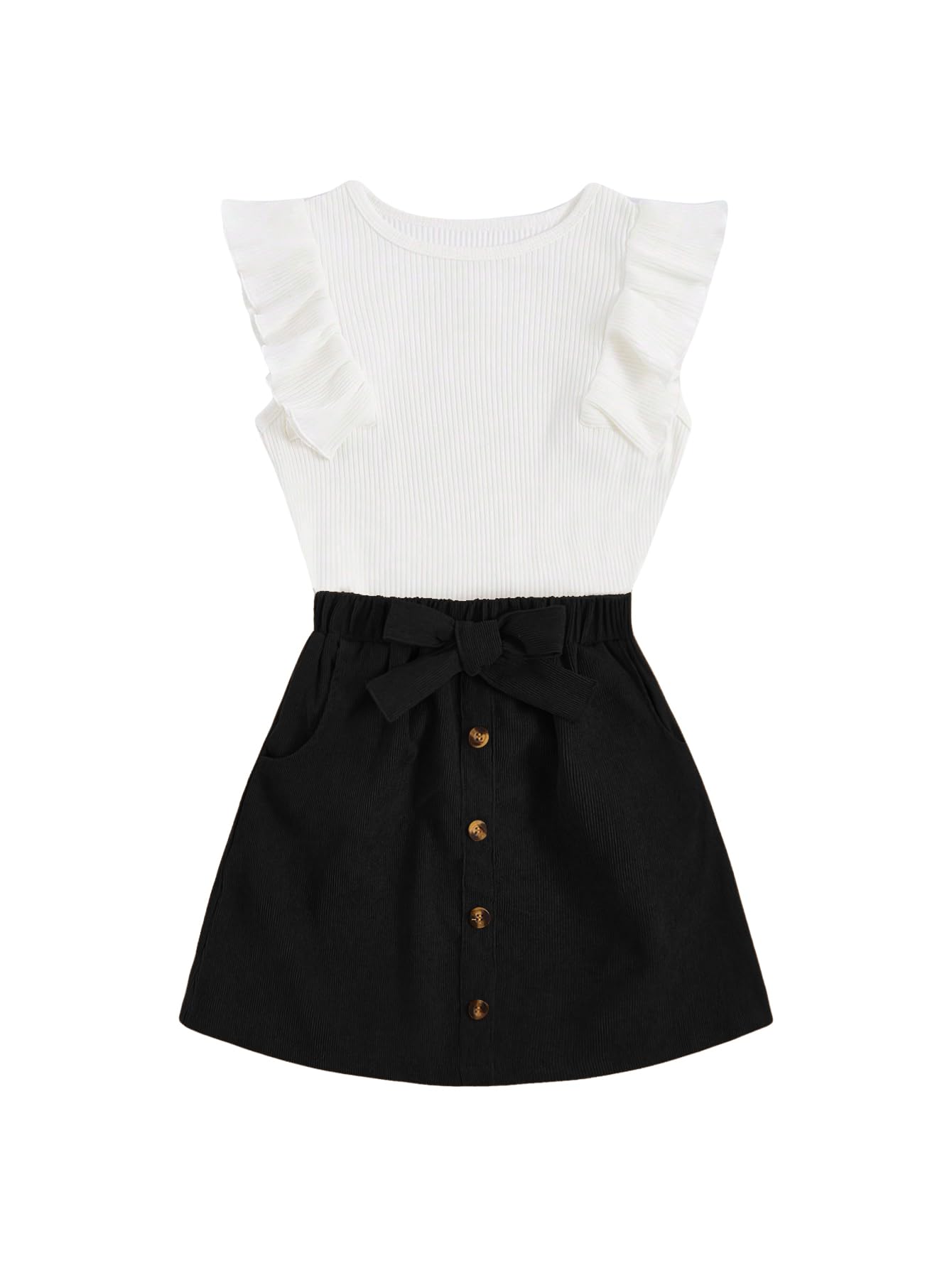 Photo 1 of ***MINOR DAMAGED - SEE NOTES/PICTURES***
SHENHE 2pcs Girl's Skirt Outfits Ruffled Ribbed Cap Sleeve T Shirt and Button Down Tie Front Skirt Set White and Black 10 Years