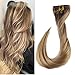 Full Shine Clip in Hair Extensions Balayage Hair Extensions Clip in Human Hair Balayage Golden Brown to Dirty Blonde Straight Hair Clip in Extensions Double Weft 7 Pcs 14 Inch