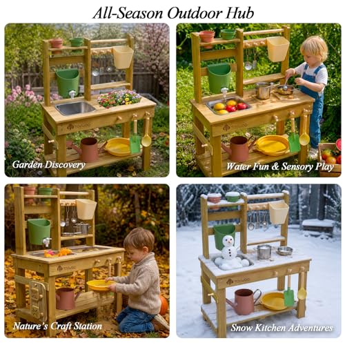 TOYWOO Mud Kitchen Children's Outdoor Play Kitchen, 3-in-1 Mud Table with Water Tank and Sink, Garden Play Kitchen Made of Finnish Wood for Boys Girls from 3 Years