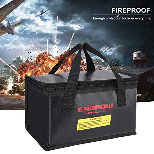 ENGPOW Fireproof Explosionproof Lipo Safe Bag for Lipo Battery Storage and Charging,Large Space Fire and Water Resistant Lipo Battery Guard with Double Zipper (260x130x150mm) (Black)
