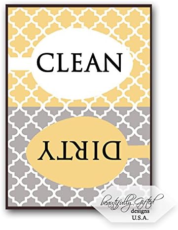 BeautifullyGiftedClean Dirty Dishwasher Magnet Sign - Modern Elegant Moroccan Trellis Pattern - Yellow Gold Grey - 2.5 x 3.5 - Housewarming, Gag Gift Idea for Mom Dad/Christmas Stocking Stuffers for Women Men Teens