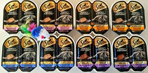 Sheba Perfect Portions CUTS IN GRAVY Variety Wet Cat Food Bundle - 8 CUTS IN GRAVY Twin Packs - 4 Flavors (2) of Each Flavor (16 1.3 oz servings total) Includes BONUS mouse toy.