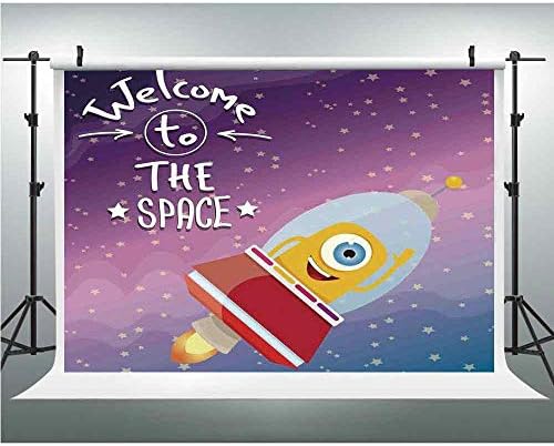 Photography Backdrop,Outer Space Decor,for Studio Prop Photo Background,5x6.5ft,Welcoming Quote Print with Retro Mascot Vessel Traveling in Milky Way