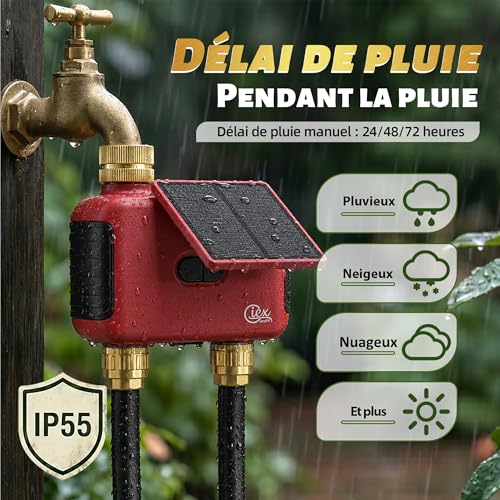 Programmateur d’arrosage WiFi 2 Zones, minuteur d’Eau Solaire Rechargeable à Double Sortie, raccords en Laiton, sans hub, app Smart Life, Compatible Alexa et Google Assistant