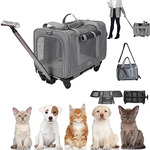 Pet Carrier Bag Cat Wheeled Bag Puppy Rolling Carrier with Detachable Wheel | Large Space Trolley Collapsible Breathable Vet Appointments for Car Seat Travel Small Dog Kitten, Plenty of Room