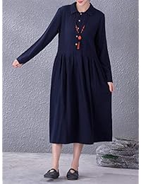 YUHEYUHE - Vestido para mujer, casual, con muelle suelto, de manga larga, de algodón y lino