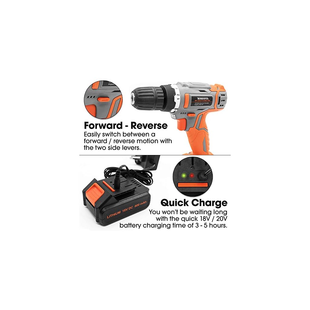 Terratek 13Pc Cordless Electric CombiDrill 18V/20V with LED Work Light